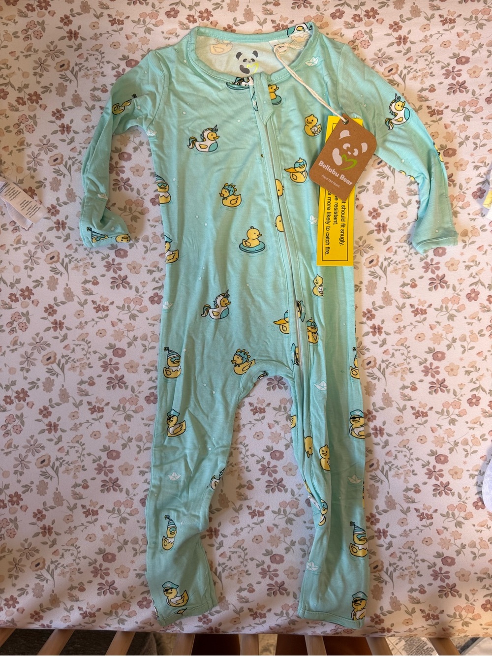Baby Zip-Front Convertible Romper One-Piece in Mint Green with Duck Print